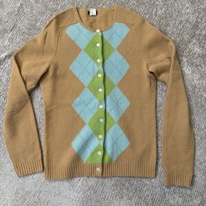 Vintage Y2K J.Crew 100% Lambswool Argyle Cardigan Sweater Tan Blue Green M‎
